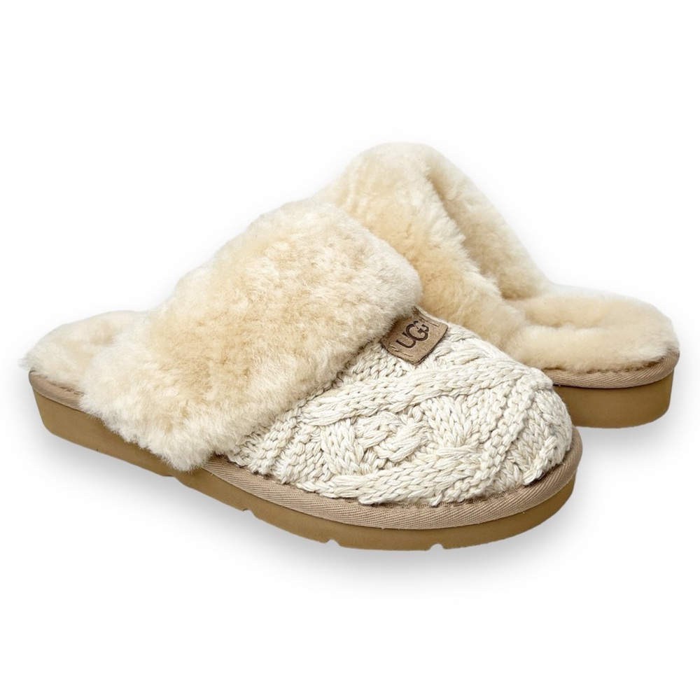 UGG 🆕 Cozy Cable Knit Slippers 8 cream ecru slide scuff fur lined sheepskin NEW